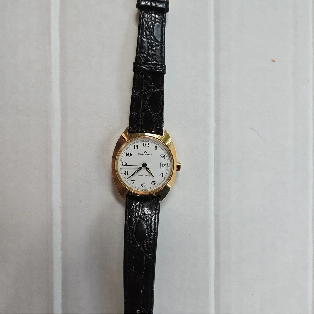 Bucherer Mens Watch. Plaque Ten Micron Gold, Automatic,Date,Leather Band.